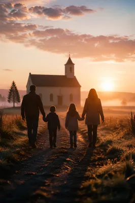Family Walking Toward Rural Chapel Sunrise