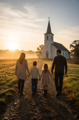 Family Walking Toward Country Church Sunrise
