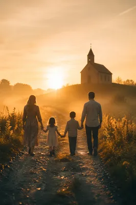 Family Silhouette Walking Toward Chapel Sunrise