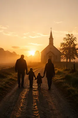 Family Walking Toward Church at Sunrise
