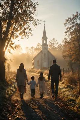 Family Walking Toward Church at Sunrise