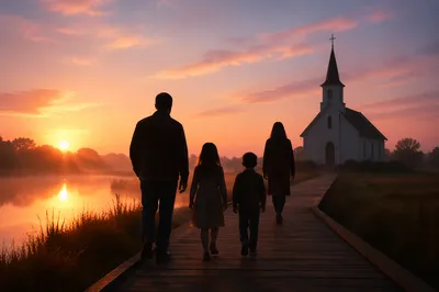Family Silhouettes Walking Toward Sunrise Chapel