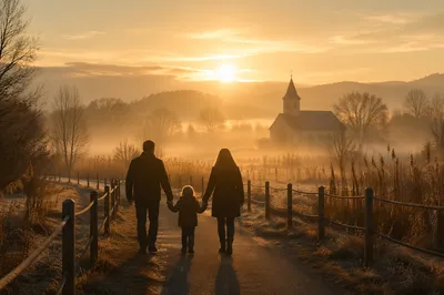 Family Walking Toward Rural Church at Sunrise