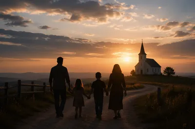 Family Silhouettes Walking Toward Sunrise Church