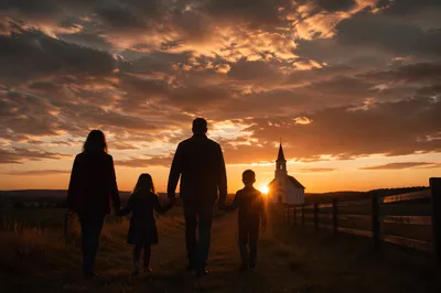 Family Walking Toward Church at Sunrise