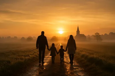 Family Silhouette Walking Toward Church Sunrise