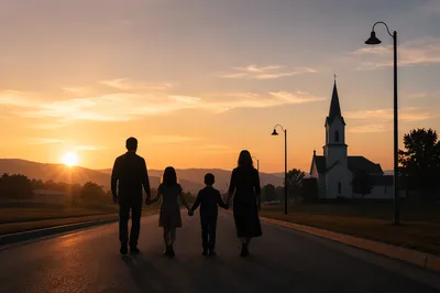 Family Silhouette Walking Toward Church Sunrise