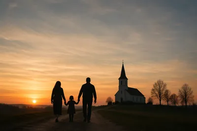 Family Silhouette Walking Toward Church Sunrise