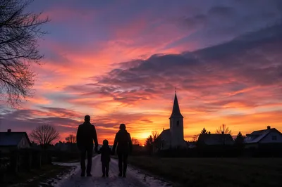 Family Silhouettes Walking Toward Church Sunrise