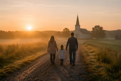 Family Walking Toward Church at Sunrise