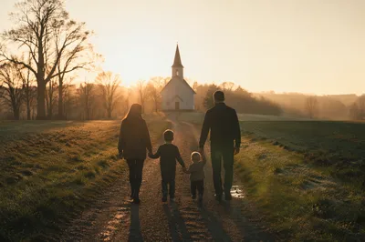 Family Silhouette Walking Toward Sunrise Chapel