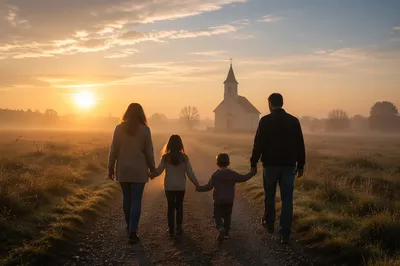 Family Walking Toward Chapel at Sunrise