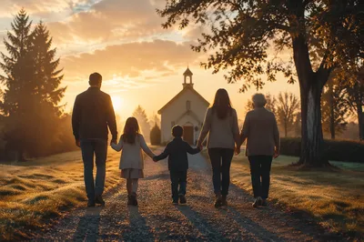 Family Walking Toward Chapel at Sunrise