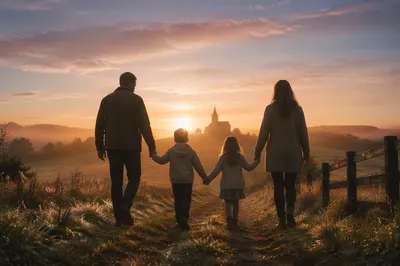 Family Silhouette Walking Toward Chapel Sunrise