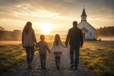 Family Walking Toward Rural Chapel Sunrise