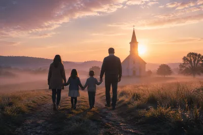 Family Walking Toward Rural Chapel Sunrise