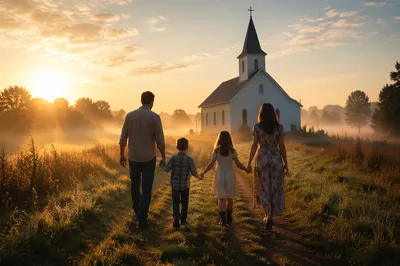 Family Walking Toward Country Church Sunrise
