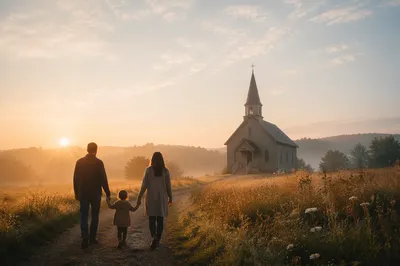 Family Silhouette Walking Toward Church Sunrise