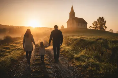 Family Silhouettes Walking Toward Chapel Sunrise