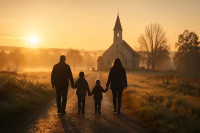 Family Walking Toward Church at Sunrise