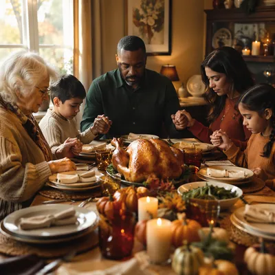 Family Holding Hands Before Thanksgiving Dinner