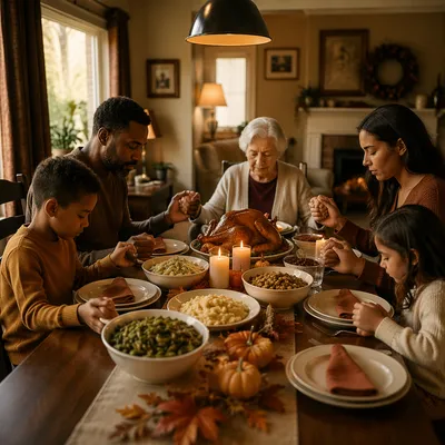Family Praying Before Thanksgiving Dinner Together
