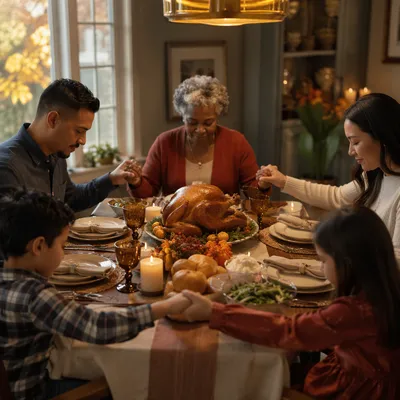 Family Holding Hands Before Thanksgiving Dinner
