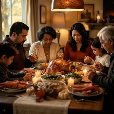 Family Holding Hands Before Thanksgiving Dinner