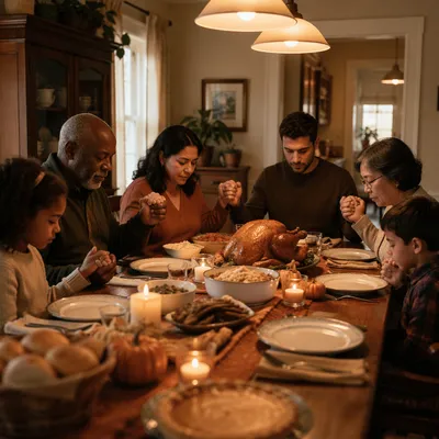 Family Holding Hands Before Thanksgiving Dinner