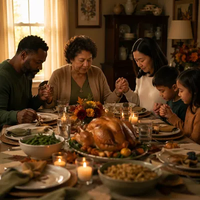 Family Holding Hands Before Thanksgiving Dinner