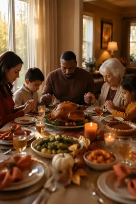 Family Holding Hands Before Thanksgiving Dinner