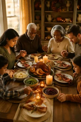 Family Holding Hands at Thanksgiving Dinner
