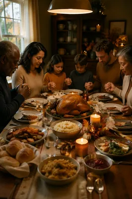 Family Holding Hands Before Thanksgiving Dinner