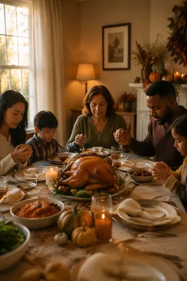 Family Praying Before Thanksgiving Dinner