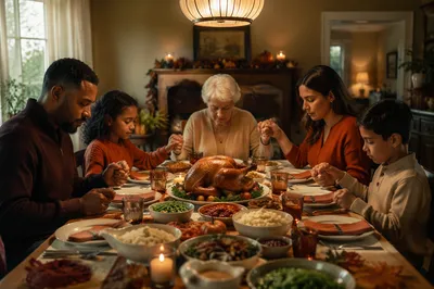 Family Holding Hands Before Thanksgiving Dinner