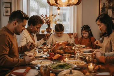 Family Holding Hands at Thanksgiving Dinner