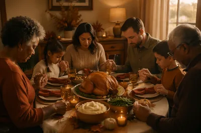 Family Holding Hands Before Thanksgiving Dinner