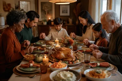 Family Holding Hands Before Thanksgiving Dinner