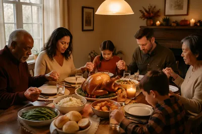 Family Holding Hands Before Thanksgiving Dinner