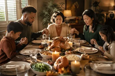 Family Praying Before Thanksgiving Dinner