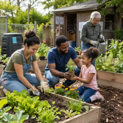 Family Gardening Together on Spring Morning
