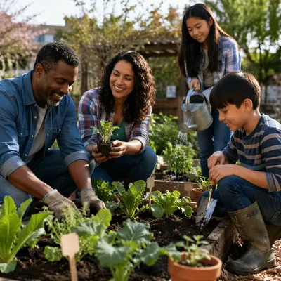 Family Volunteering in Community Garden Together