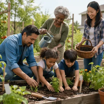 Multigenerational Family Gardening in Community Plot