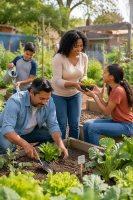 Family Gardening Together in Community Plot