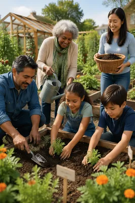 Family Volunteering in Community Garden Morning