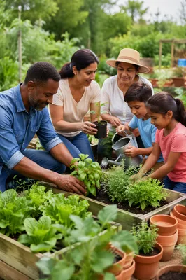 Family Volunteering in Community Garden Morning