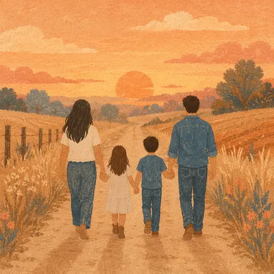 Family Walking Country Road at Sunset