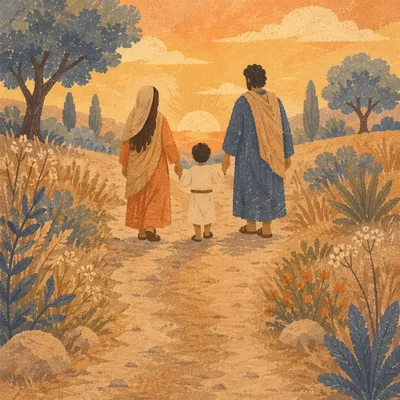 Family Walking Country Road at Sunset
