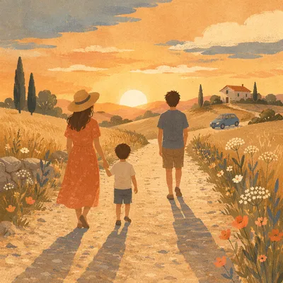 Family Walking Country Road at Sunset