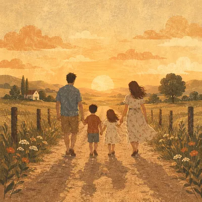 Family Walking Country Road at Sunset